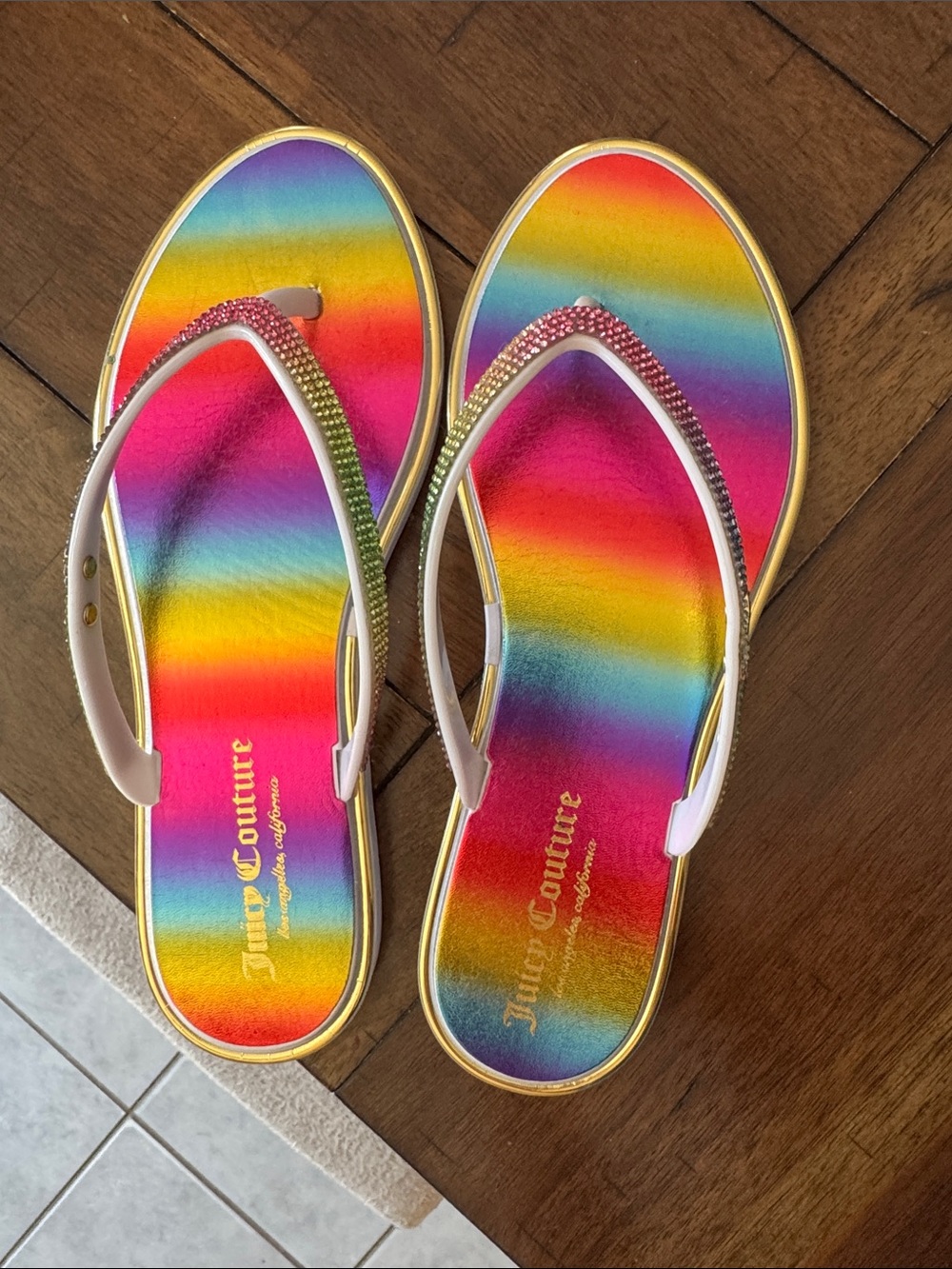 Juicy Couture Rainbow Striped Rhinestone Flip Flop Sandals - Pink/Yellow/Blue